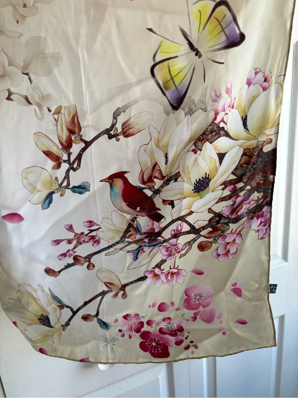 Luxury 100% Charmeuse Silk Long Scarf Cherry Blossom Bird Floral Novelty Academi